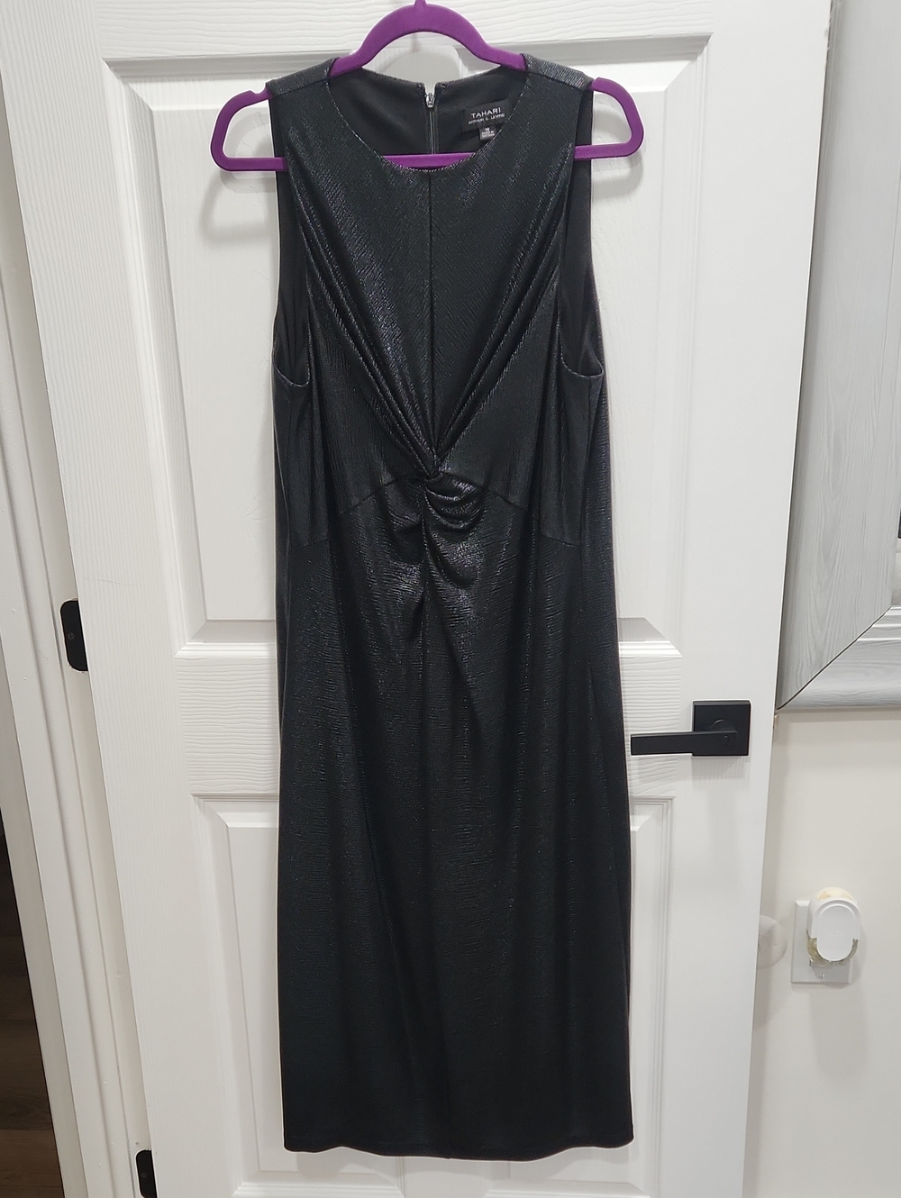 Tahari ASL Black Shiny (Leather Look) Twist-Front Midi Dress Sz. 16